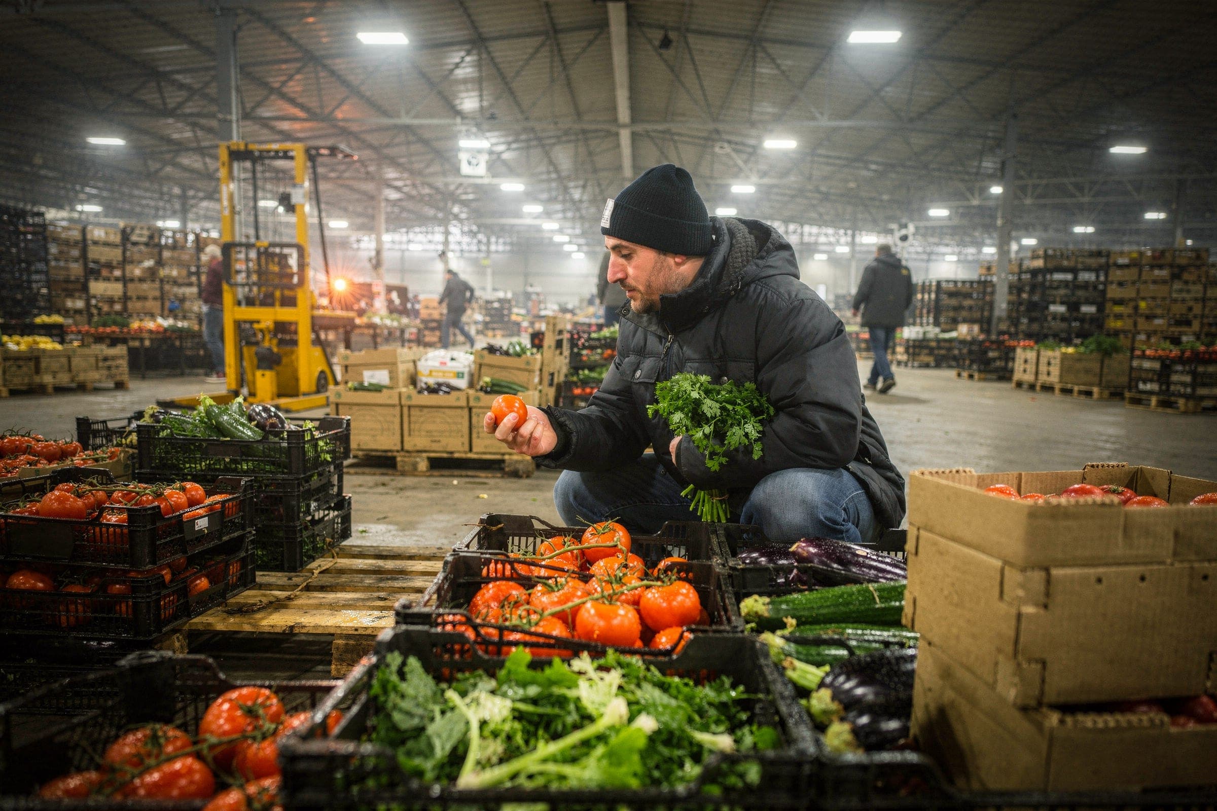 A buyer crouched among crates of vine tomatoes, courgettes and aubergines on a wholesale market floor at night, checking a tomato with a bunch of parsley in hand