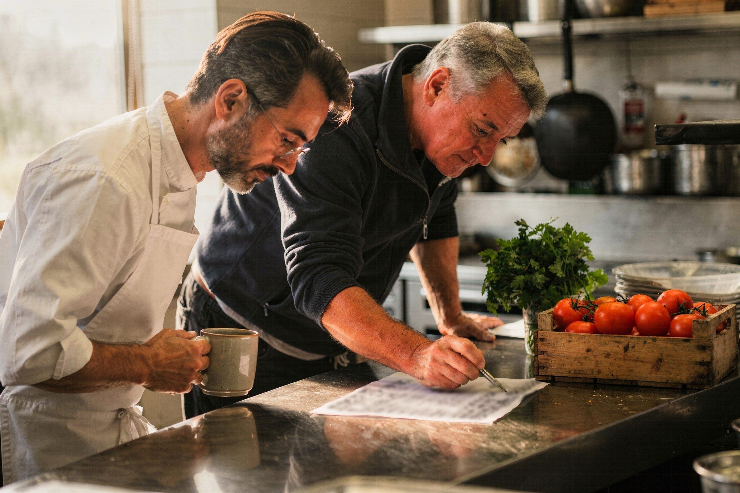 A chef and a visitor going through a printed list at a stainless steel kitchen pass in daylight, a crate of vine tomatoes beside them